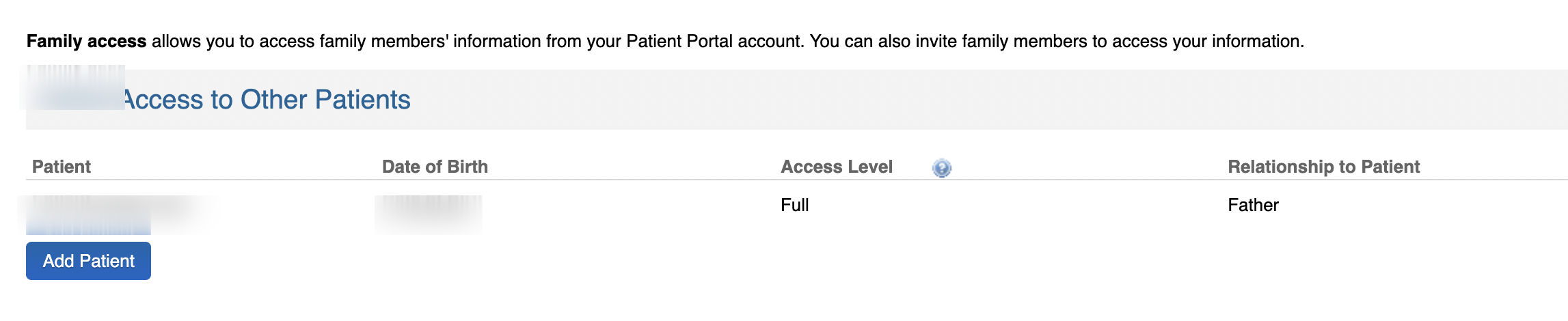 The Family Access screen, with your family members listed and the Add Patient button below